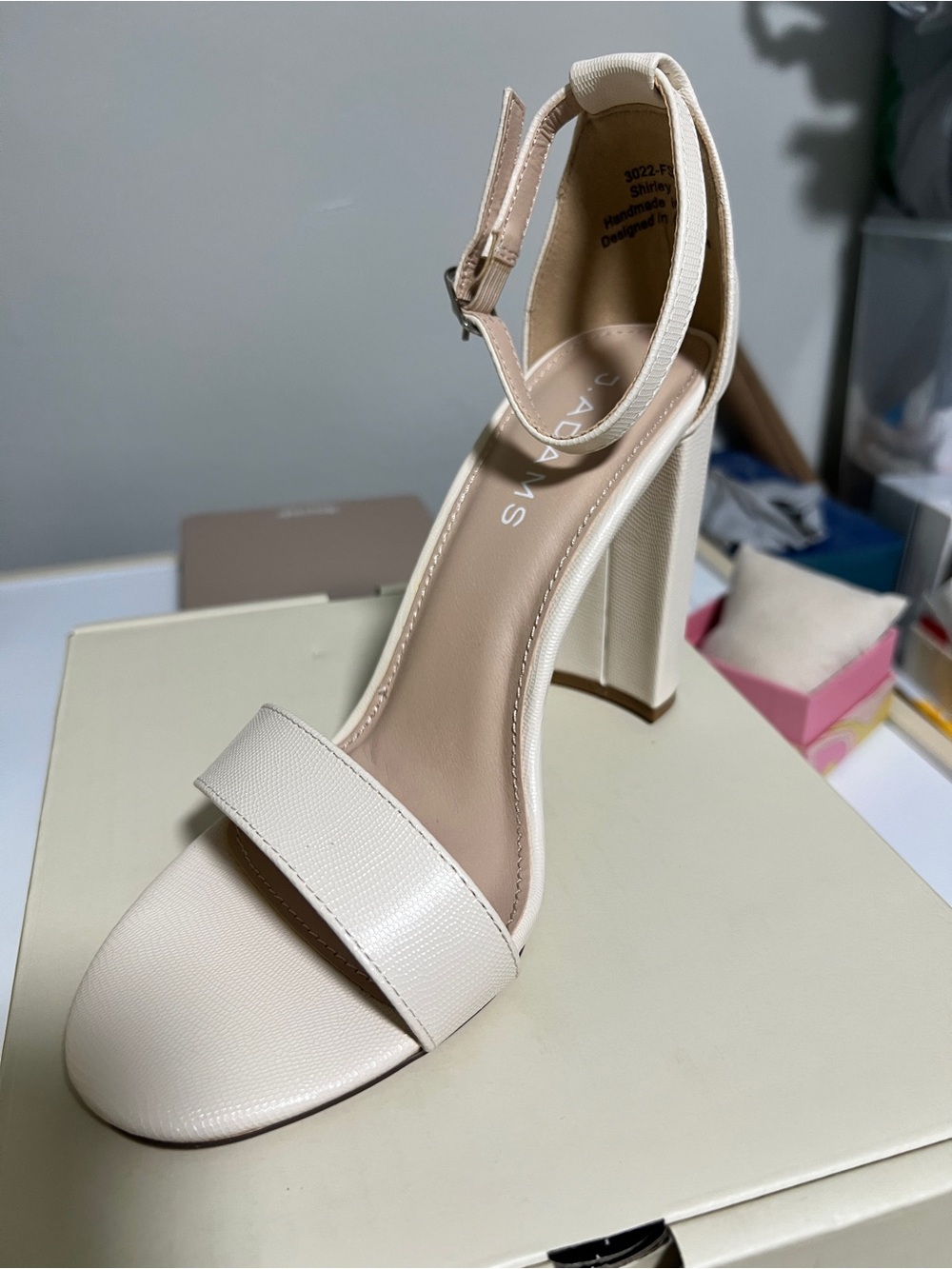 J.Adams Shirley Ivory LizardTextured Block Heel Sandal